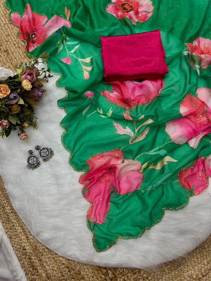 Green Tebi Silk Digital Printed Saree with Handwork Satin Silk Blouse