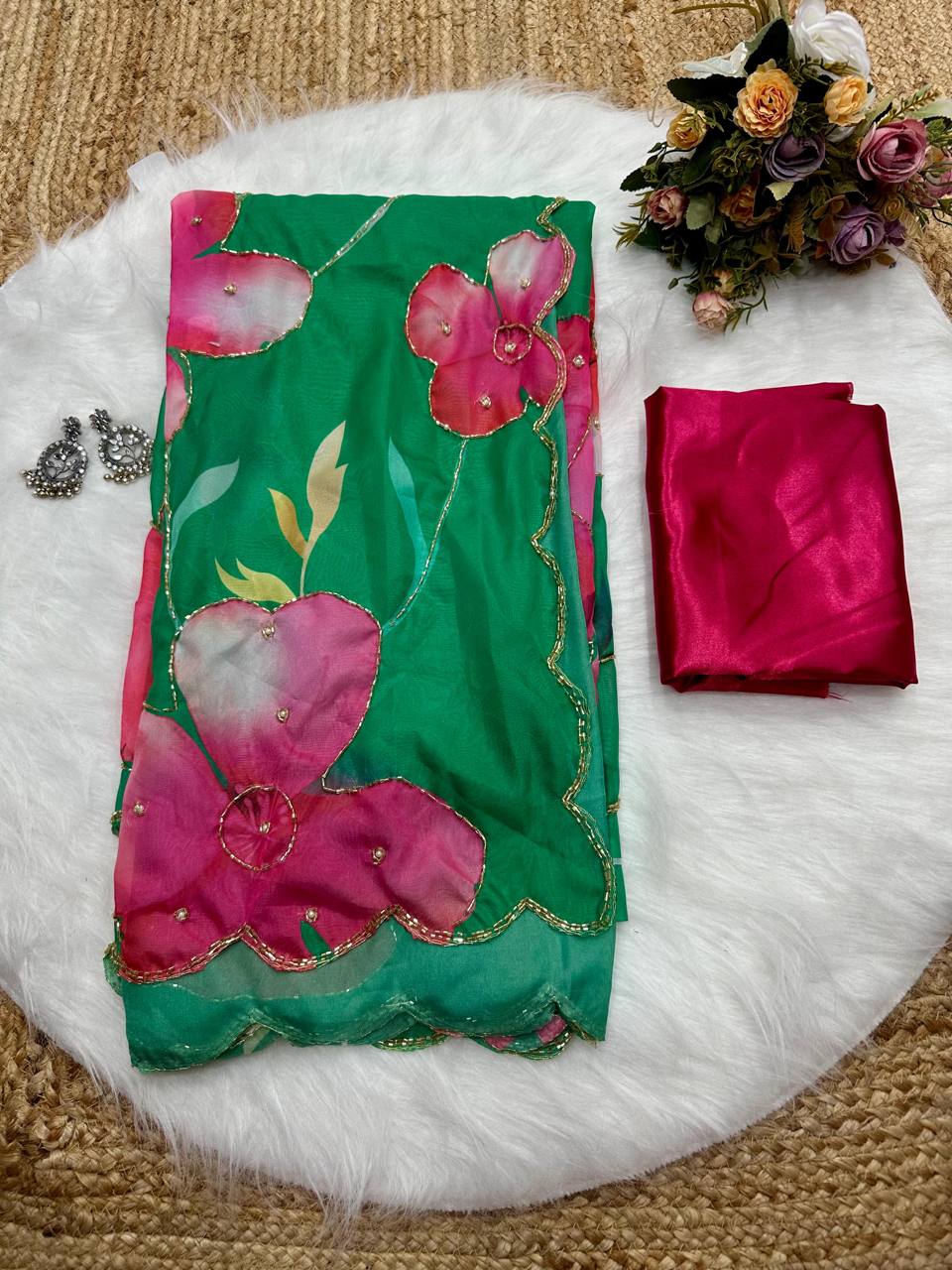 Green Tebi Silk Digital Printed Saree with Handwork Satin Silk Blouse