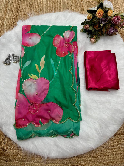 Green Tebi Silk Digital Printed Saree with Handwork Satin Silk Blouse