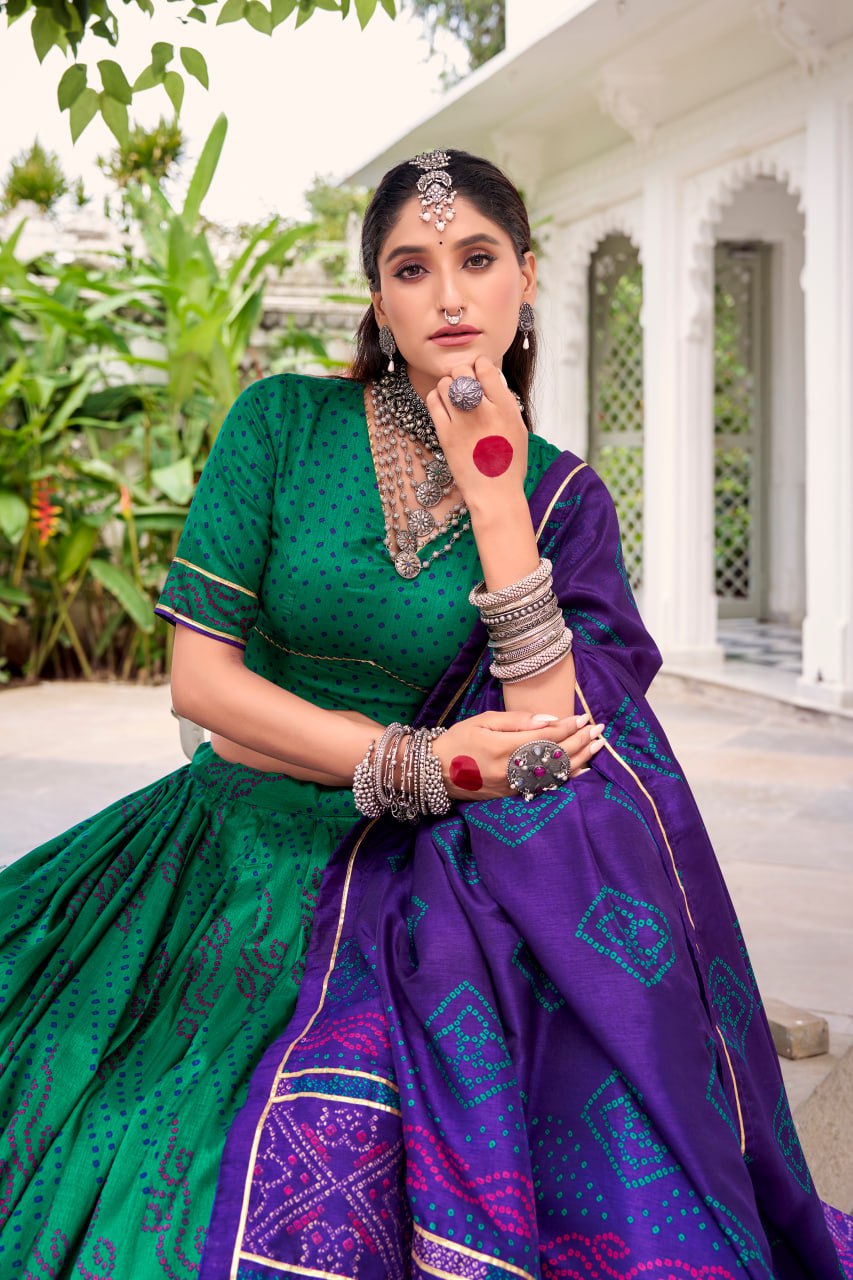 Green Tussar Silk Bandhani Print Lehenga Choli with Dupatta for Navratri - 3
