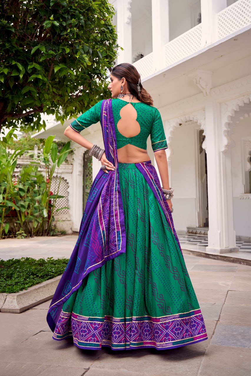 Green Tussar Silk Bandhani Print Lehenga Choli with Dupatta for Navratri - 6