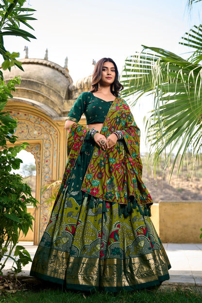 Green Tussar Silk Kalamkari Print Lehenga Choli with Gotta Patti Dupatta