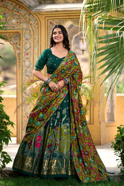 Green Tussar Silk Kalamkari Print Lehenga Choli with Gotta Patti Dupatta