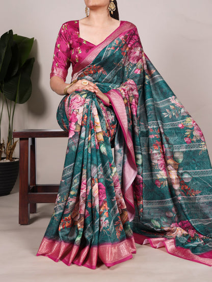 Green Tussar Silk Printed Saree with Pink Viscose Border Matching Blouse