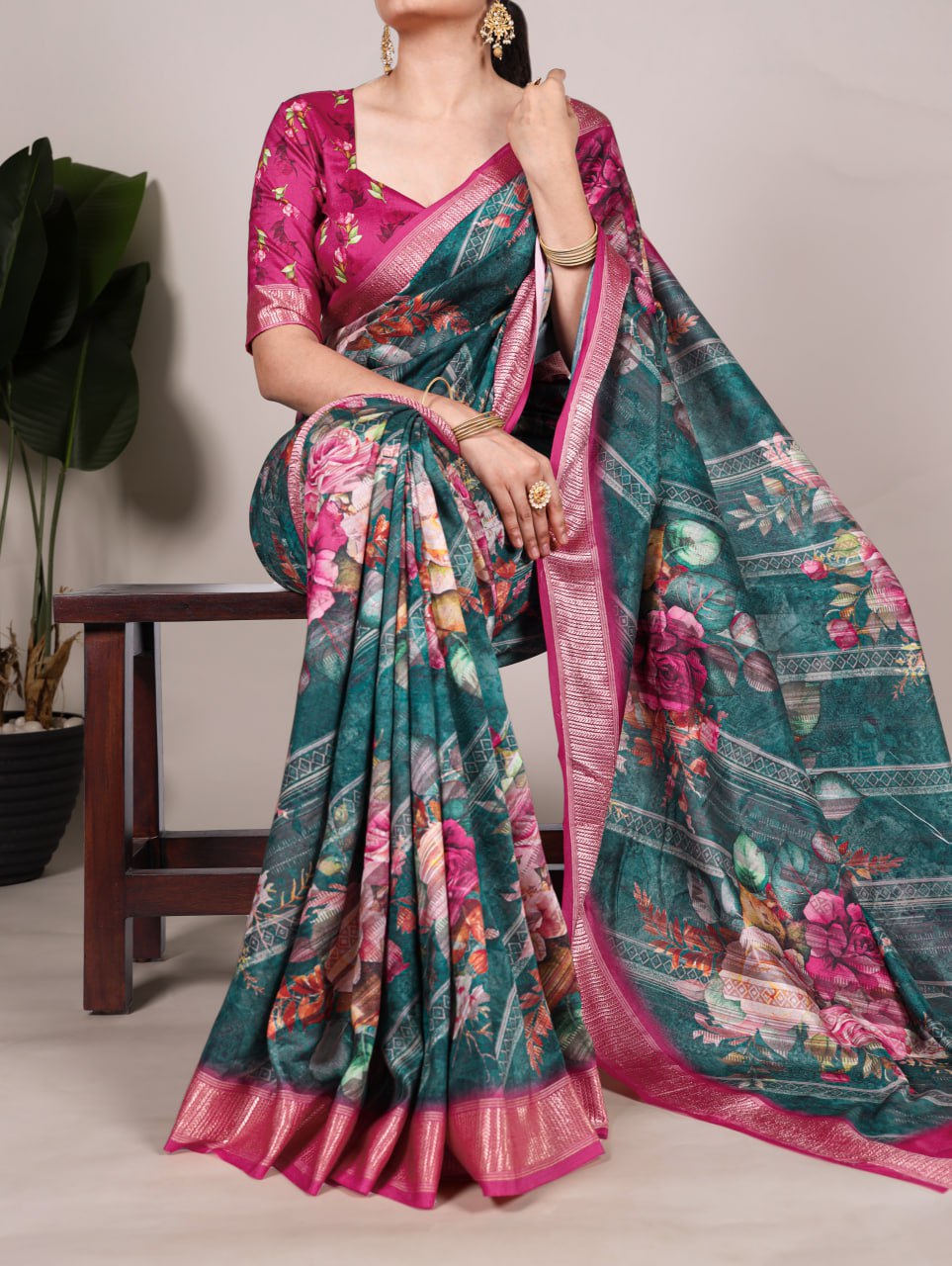Green Tussar Silk Printed Saree with Pink Viscose Border Matching Blouse