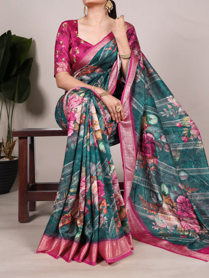 Green Tussar Silk Printed Saree with Pink Viscose Border Matching Blouse