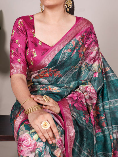 Green Tussar Silk Printed Saree with Pink Viscose Border Matching Blouse