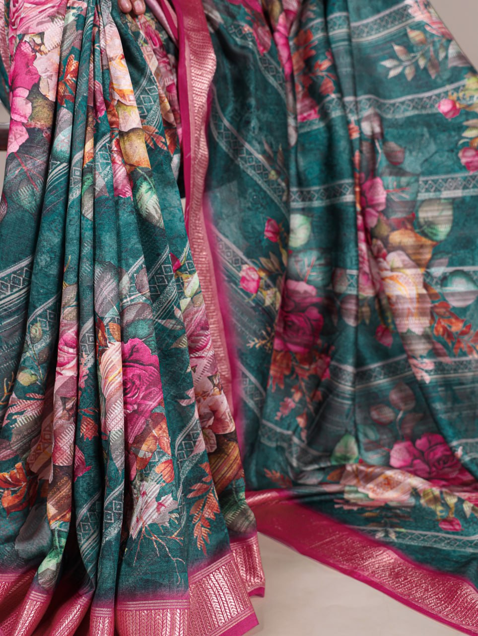 Green Tussar Silk Printed Saree with Pink Viscose Border Matching Blouse