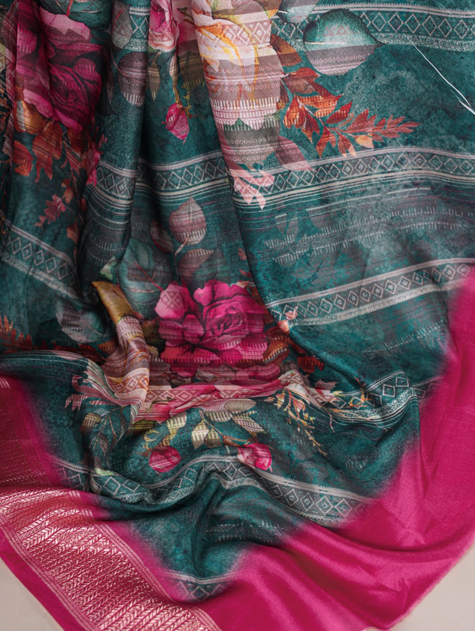 Green Tussar Silk Printed Saree with Pink Viscose Border Matching Blouse