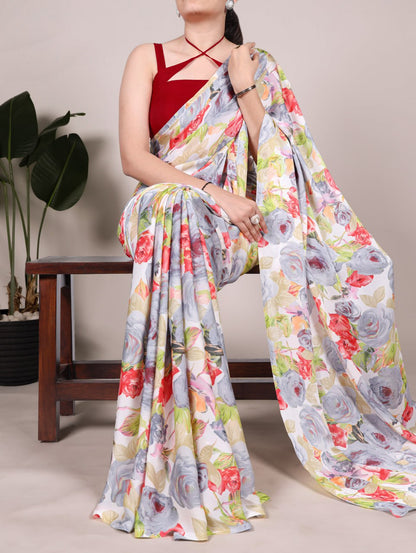 Grey Dull Satin Floral Printed Saree with Moonga Silk Blouse