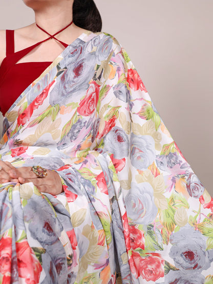 Grey Dull Satin Floral Printed Saree with Moonga Silk Blouse