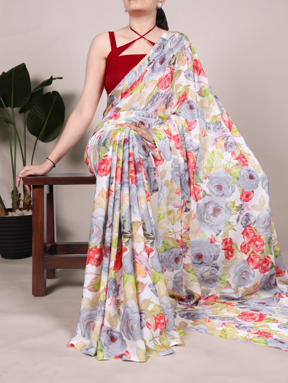 Grey Dull Satin Floral Printed Saree with Moonga Silk Blouse