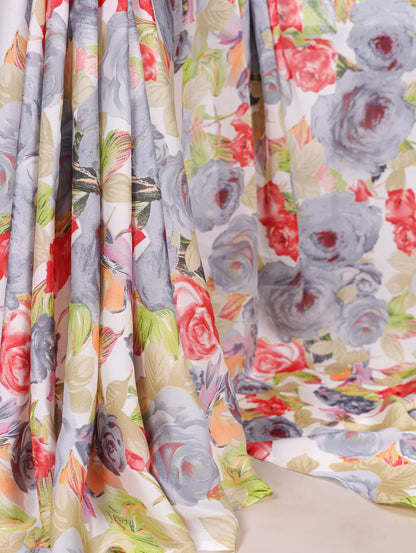 Grey Dull Satin Floral Printed Saree with Moonga Silk Blouse