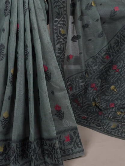 Grey Poly Cotton Thread Weaving Saree with Matching Blouse
