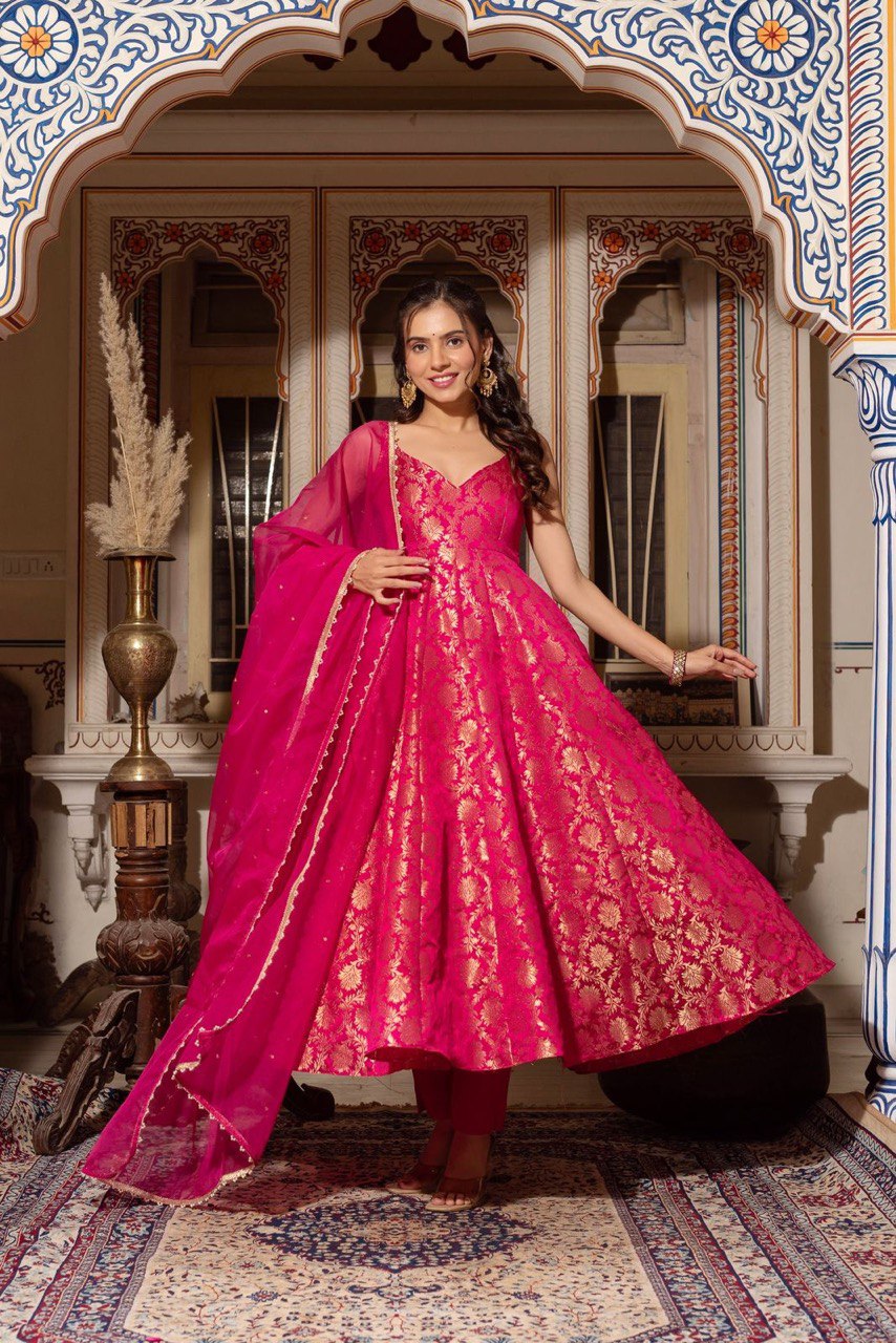 Jacquard Anarkali Gown Heavy Weave Top with Micro Pant Net Dupatta