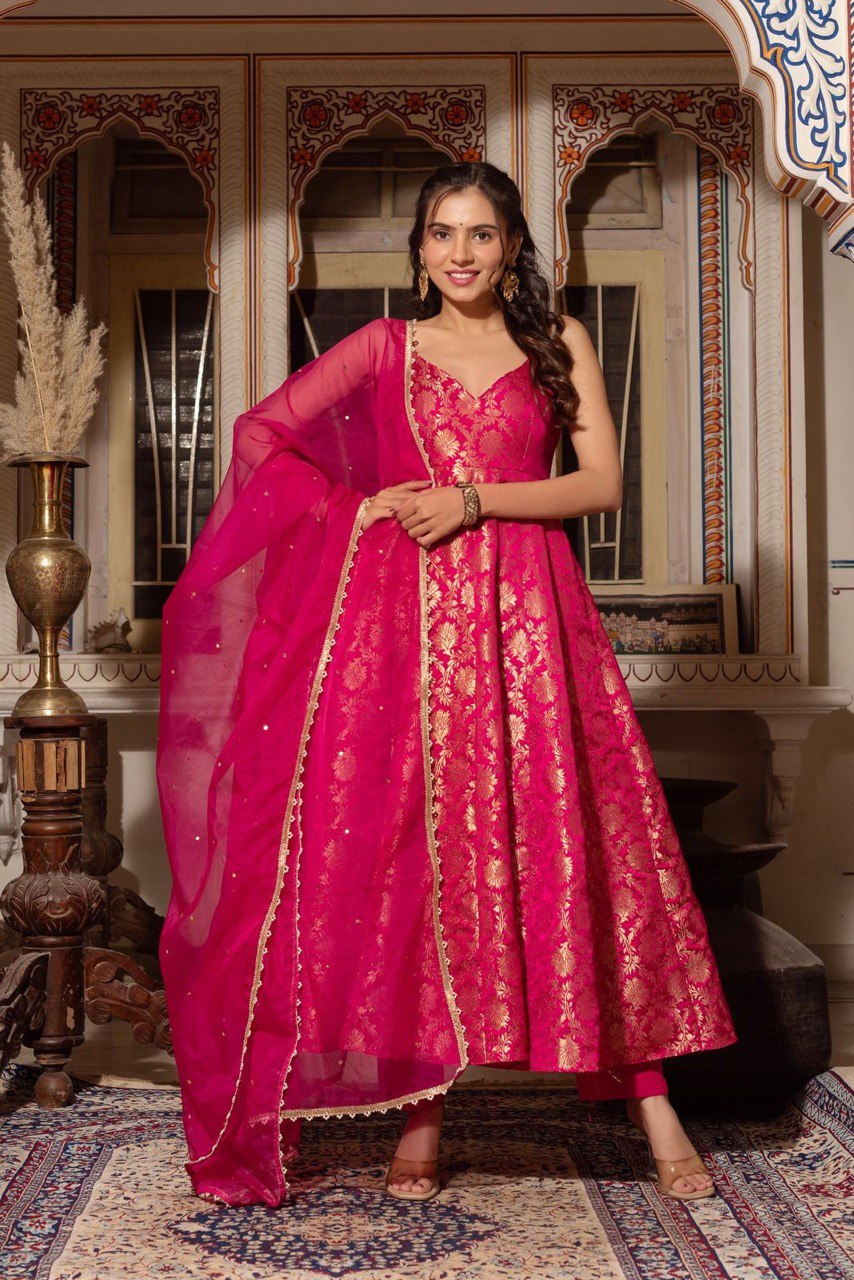 Jacquard Anarkali Gown Heavy Weave Top with Micro Pant Net Dupatta