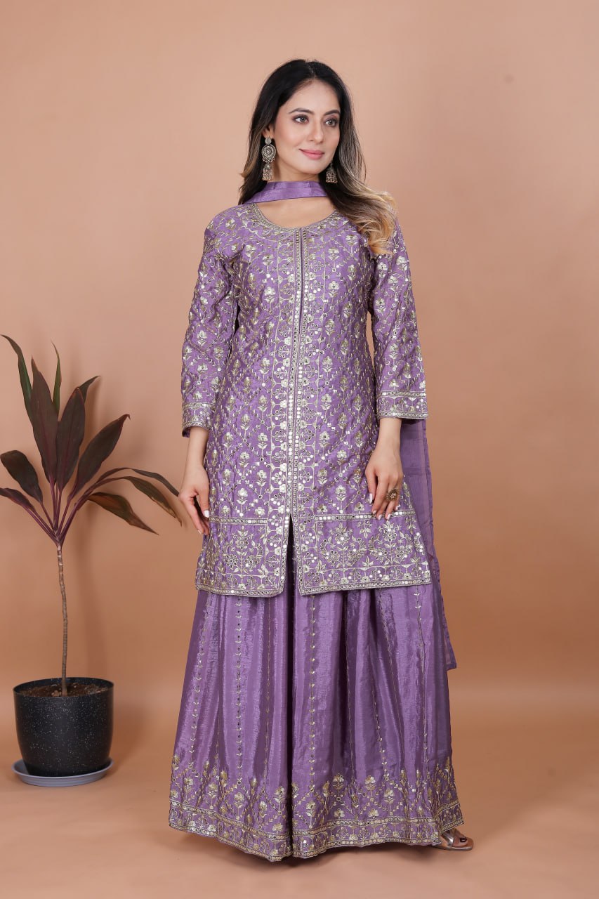 Lavender Designer Chinon Sequins Embroidered Sharara Suit with Dupatta