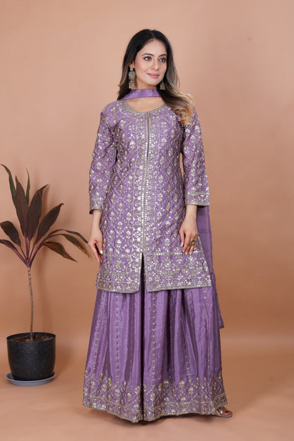 Lavender Designer Chinon Sequins Embroidered Sharara Suit with Dupatta