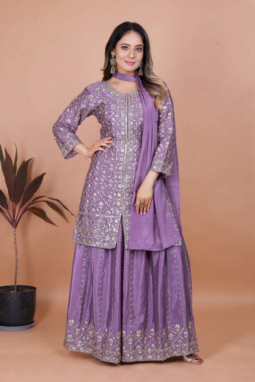Lavender Designer Chinon Sequins Embroidered Sharara Suit with Dupatta