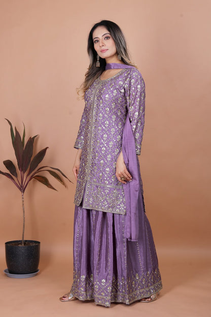 Lavender Designer Chinon Sequins Embroidered Sharara Suit with Dupatta
