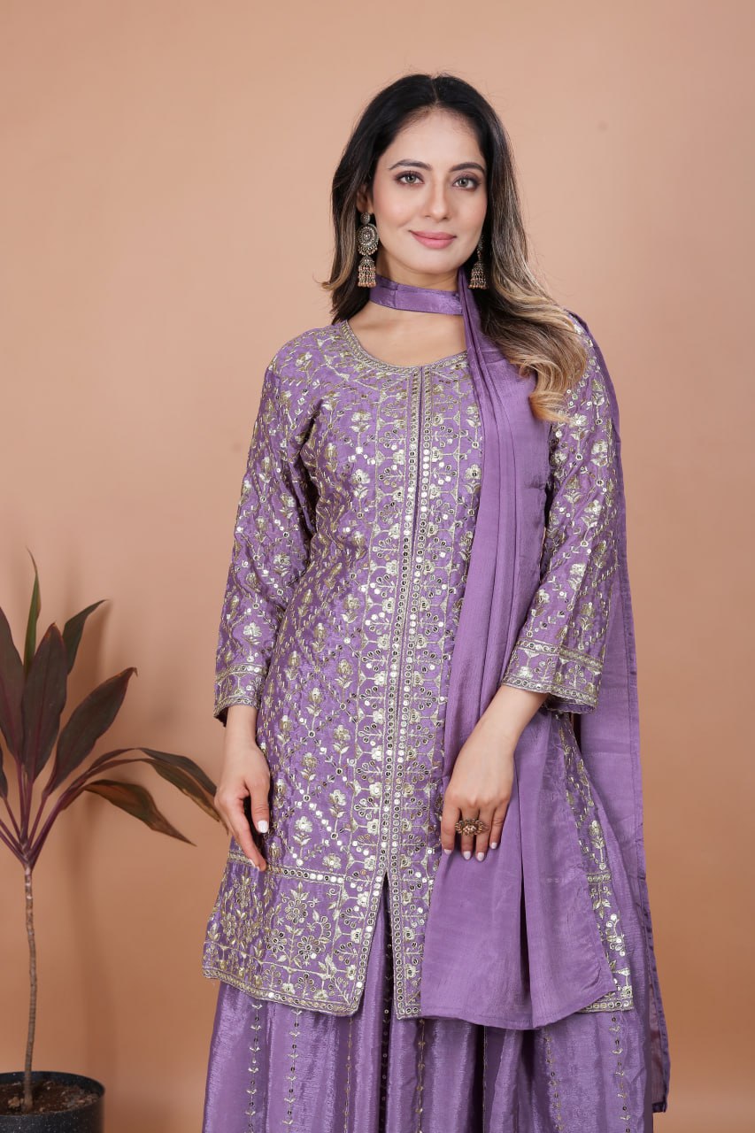 Lavender Designer Chinon Sequins Embroidered Sharara Suit with Dupatta