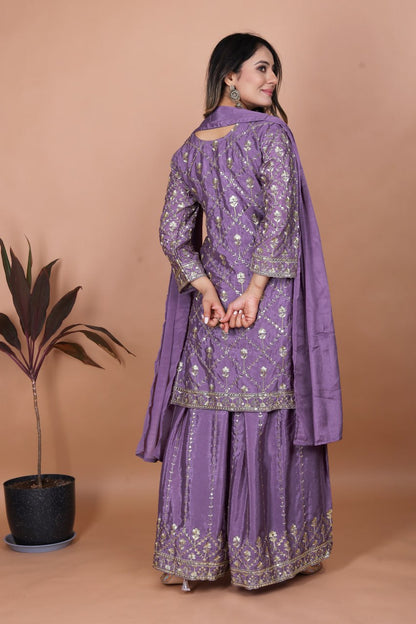 Lavender Designer Chinon Sequins Embroidered Sharara Suit with Dupatta