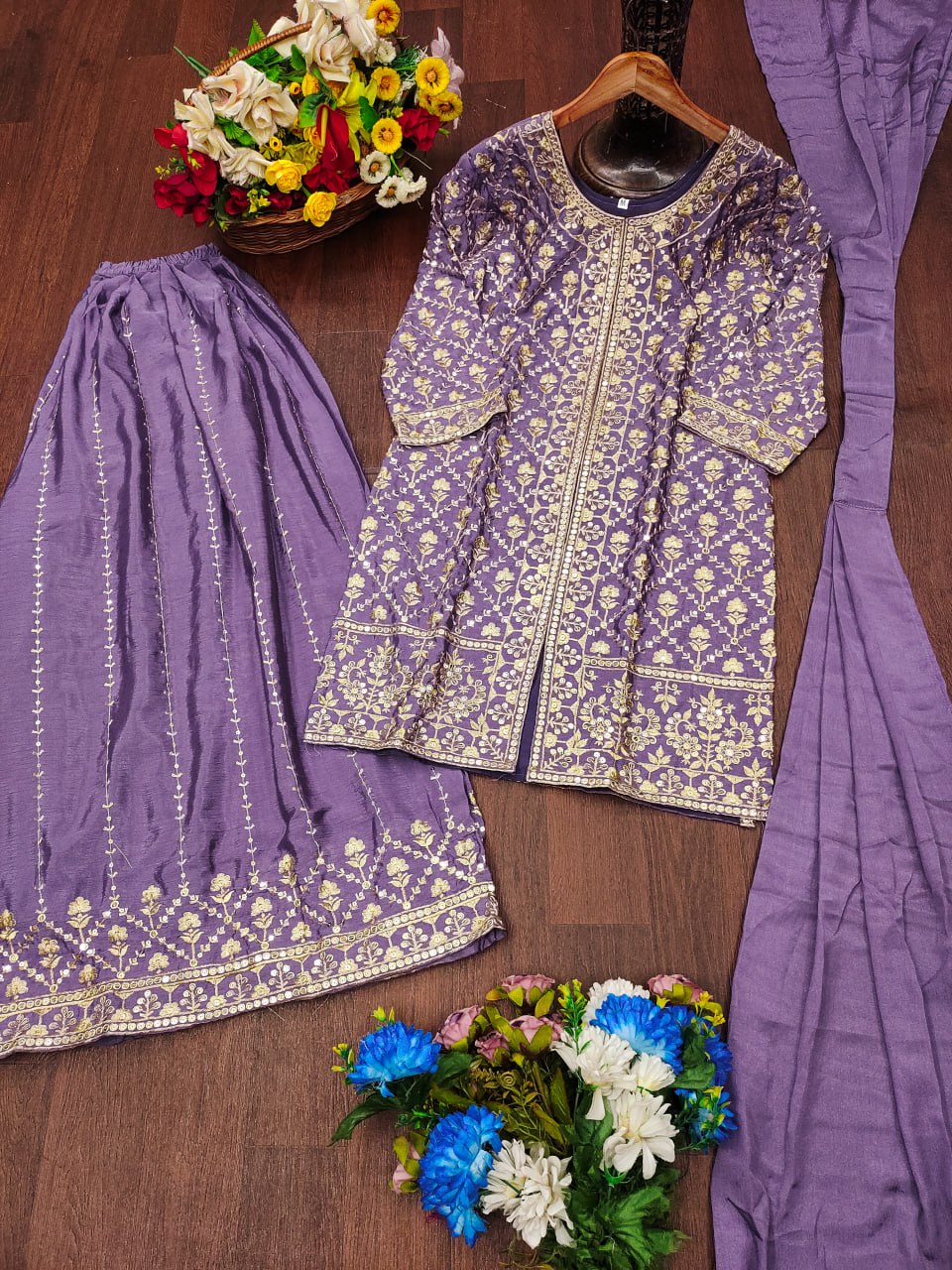 Lavender Designer Chinon Sequins Embroidered Sharara Suit with Dupatta