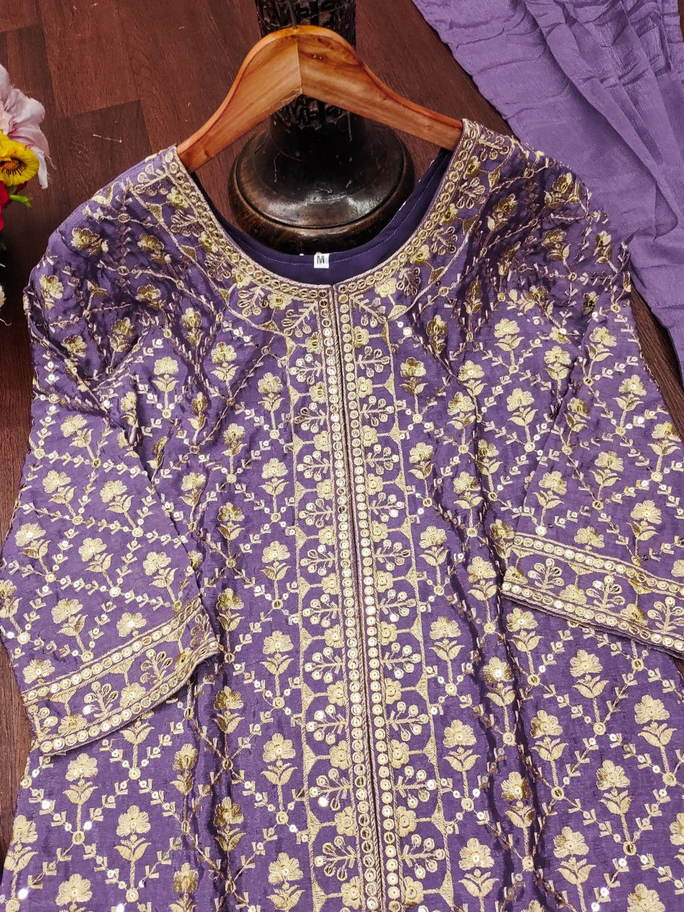Lavender Designer Chinon Sequins Embroidered Sharara Suit with Dupatta