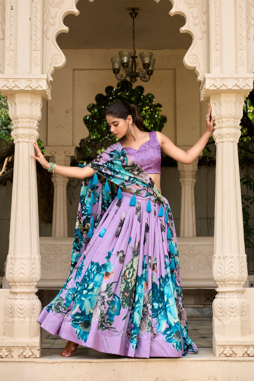Lavender Tasar Silk Floral Print Lehenga Choli with Gotta Patti Dupatta