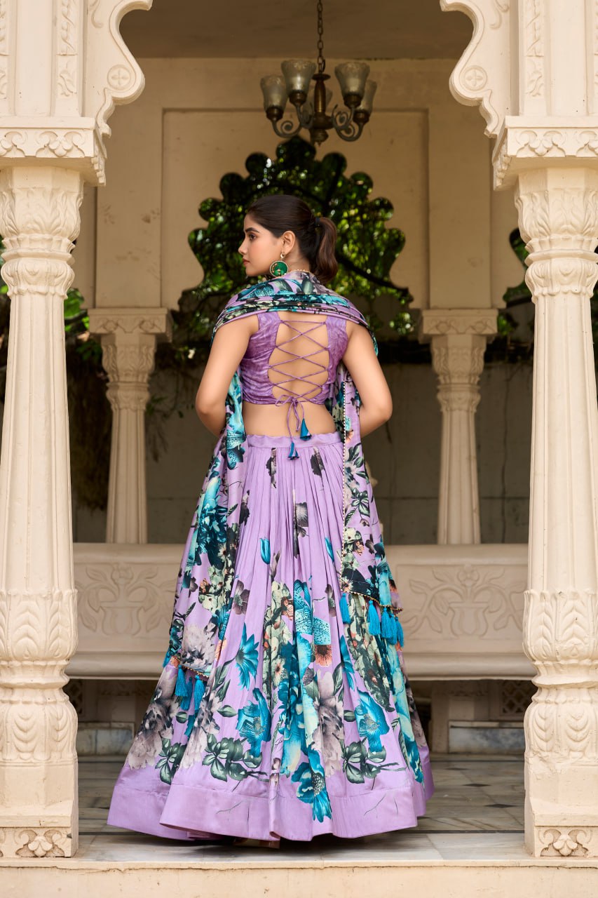 Lavender Tasar Silk Floral Print Lehenga Choli with Gotta Patti Dupatta