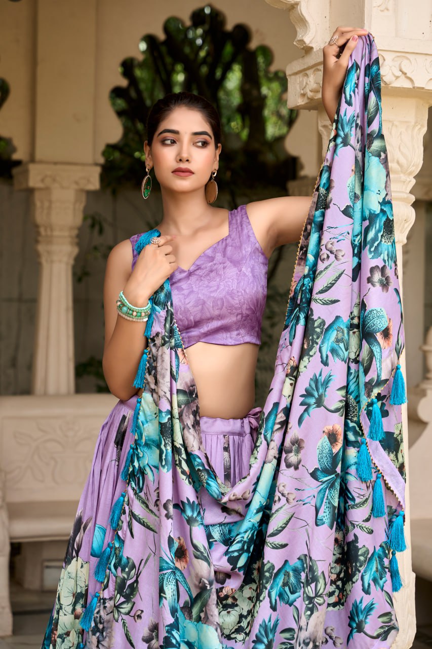 Lavender Tasar Silk Floral Print Lehenga Choli with Gotta Patti Dupatta