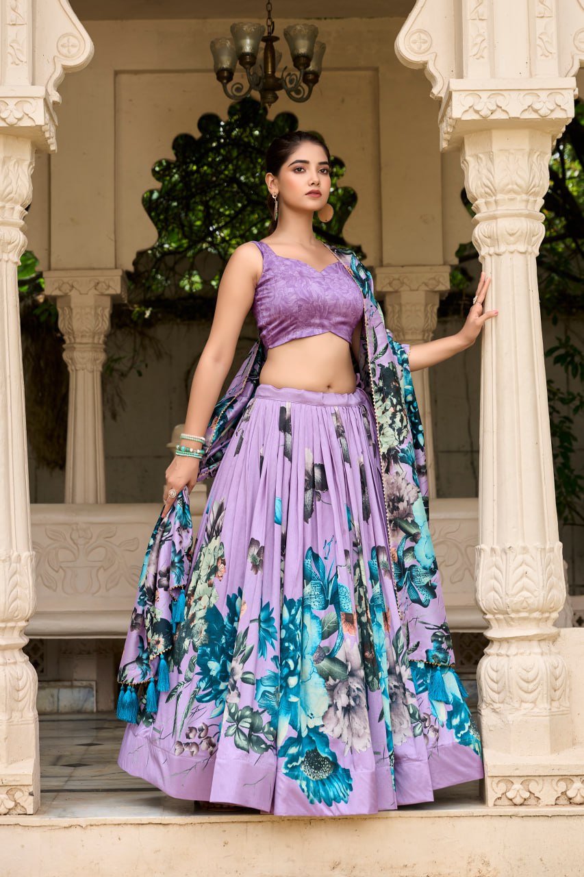 Lavender Tasar Silk Floral Print Lehenga Choli with Gotta Patti Dupatta