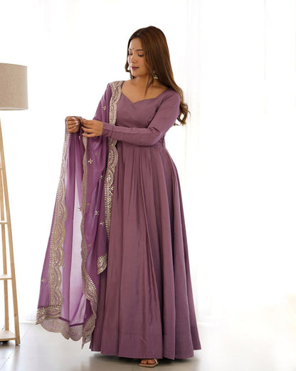 Lavender Mauve Premium Roman Anarkali Set with Dupatta – Festive & Wedding