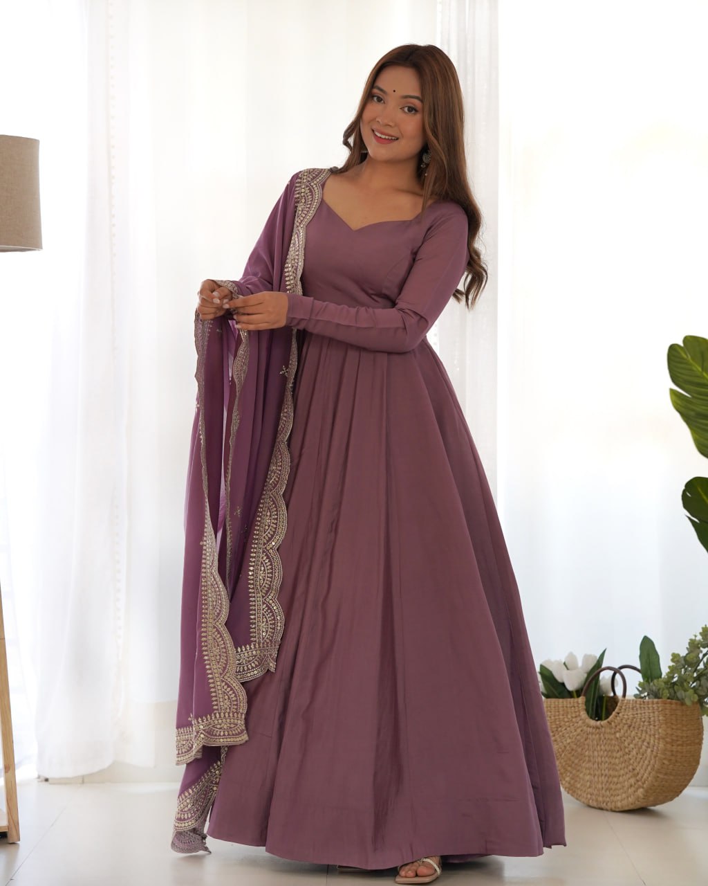 Lavender Mauve Premium Roman Anarkali Set with Dupatta – Festive & Wedding