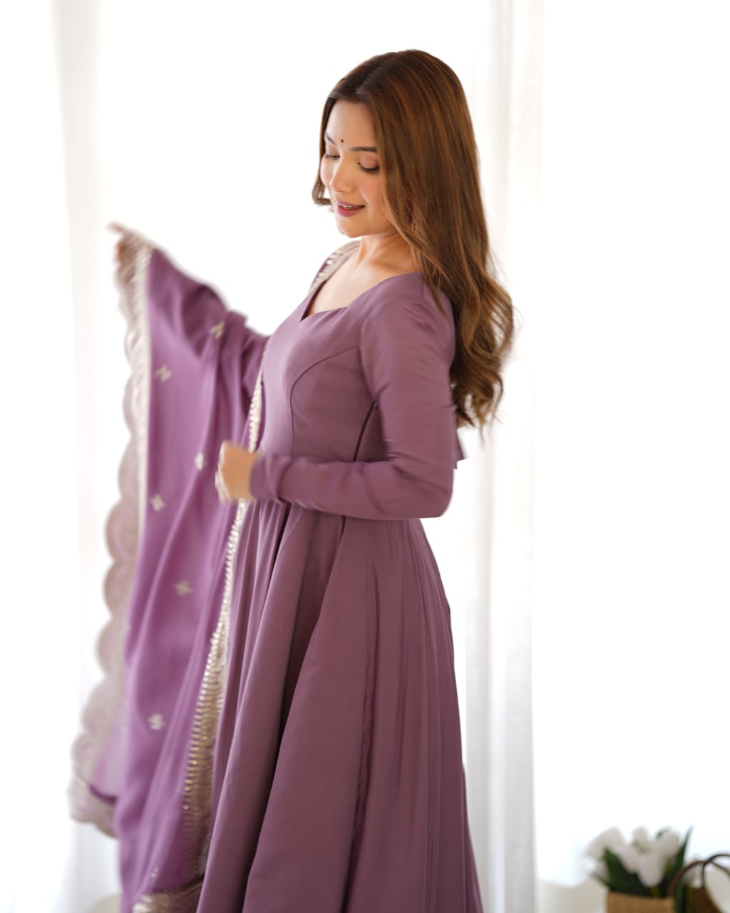 Lavender Mauve Premium Roman Anarkali Set with Dupatta – Festive & Wedding