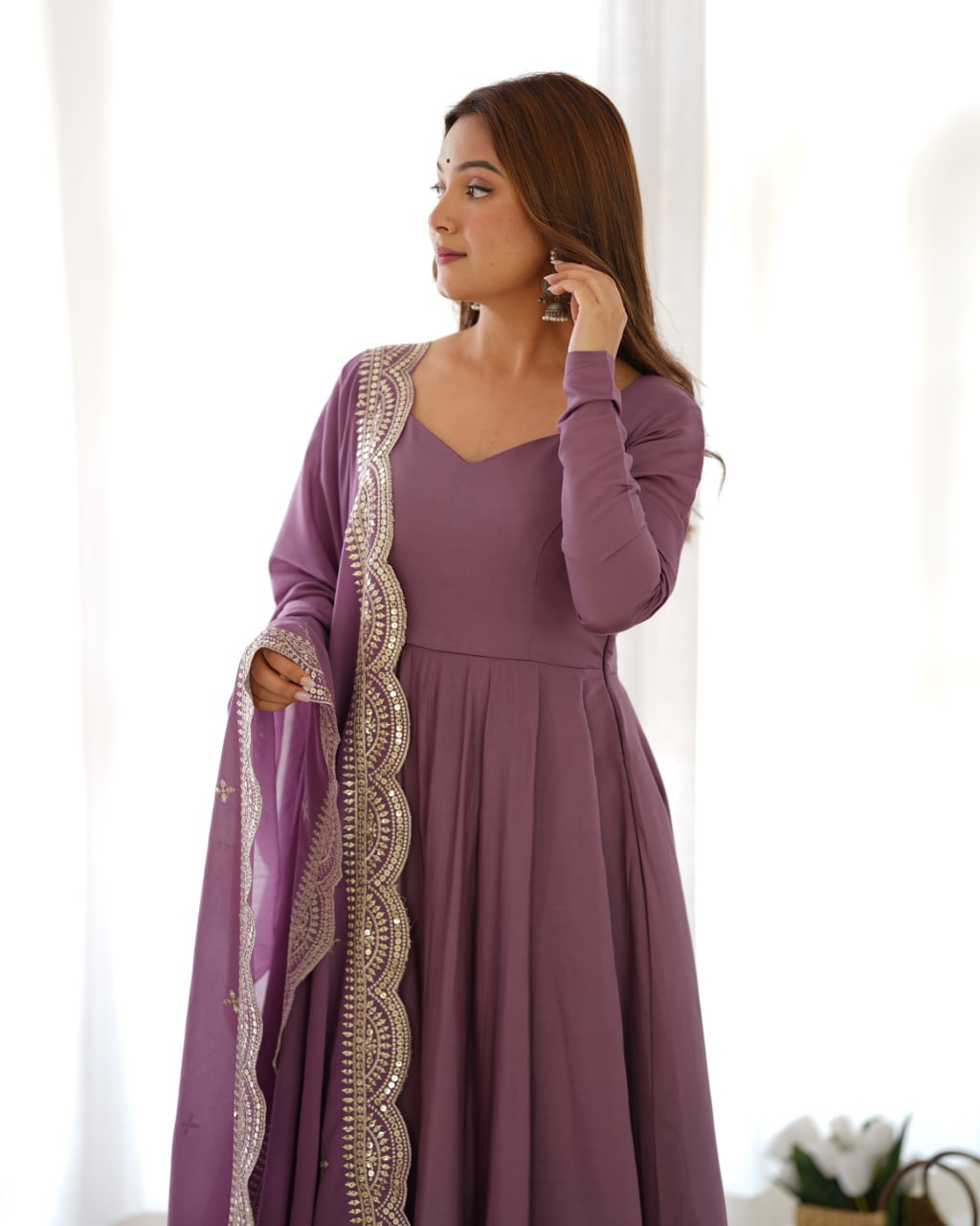 Lavender Mauve Premium Roman Anarkali Set with Dupatta – Festive & Wedding