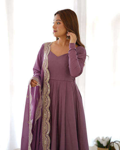 Lavender Mauve Premium Roman Anarkali Set with Dupatta – Festive & Wedding