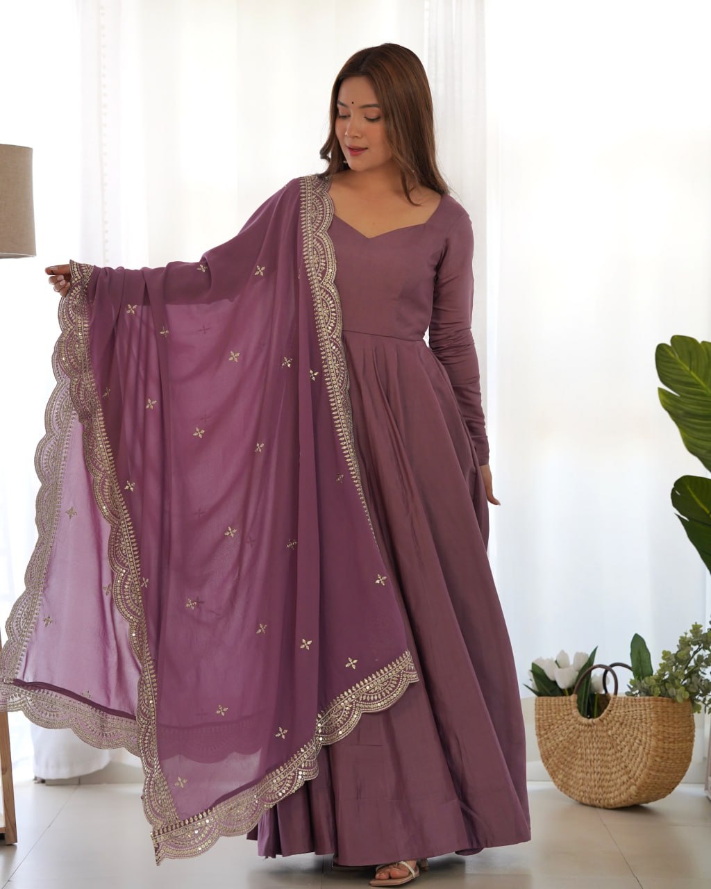 Lavender Mauve Premium Roman Anarkali Set with Dupatta – Festive & Wedding