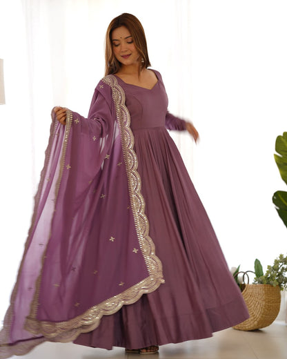 Lavender Mauve Premium Roman Anarkali Set with Dupatta – Festive & Wedding