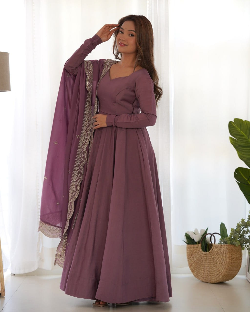 Lavender Mauve Premium Roman Anarkali Set with Dupatta – Festive & Wedding