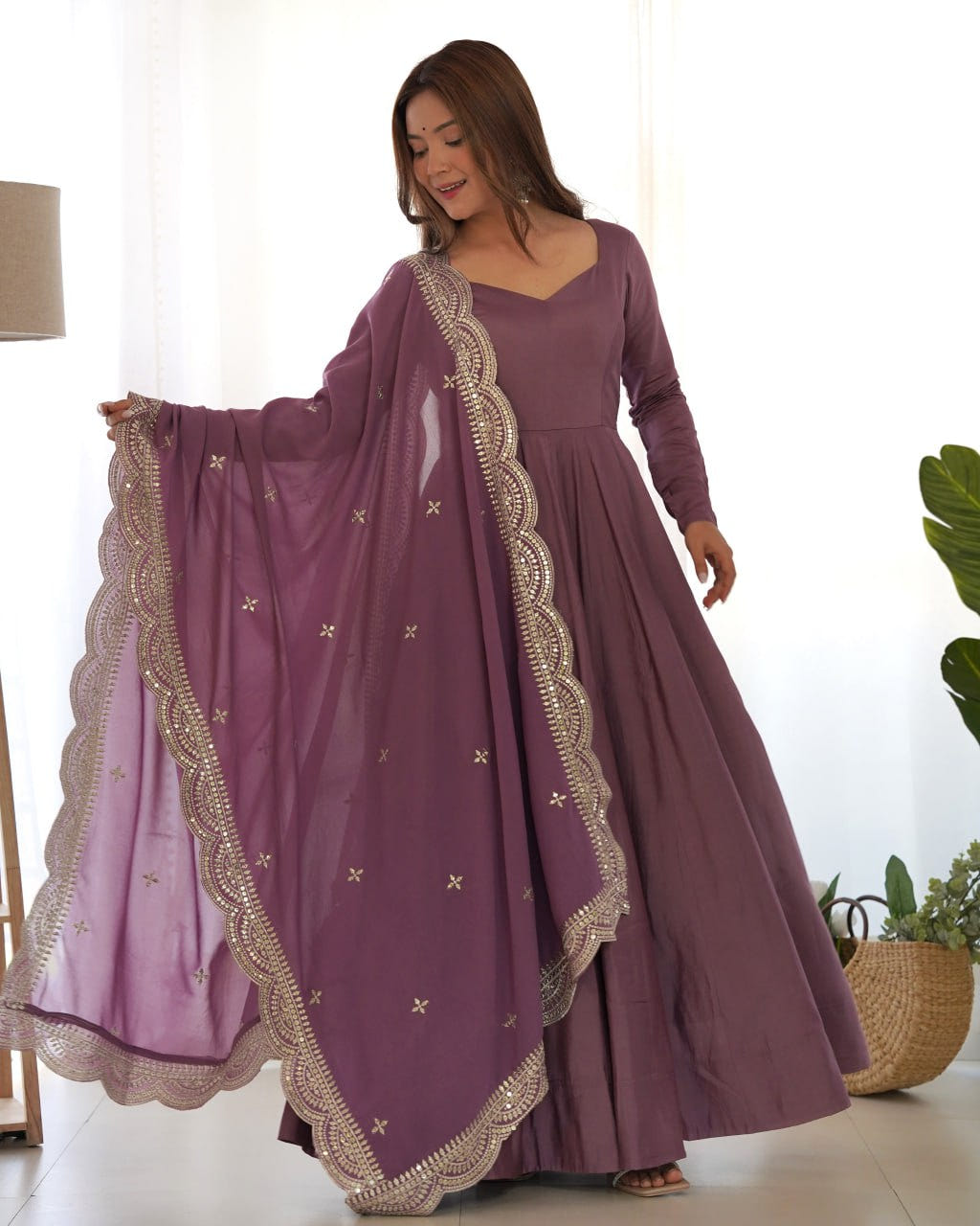Lavender Mauve Premium Roman Anarkali Set with Dupatta – Festive & Wedding