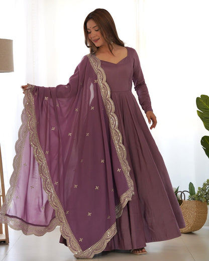 Lavender Mauve Premium Roman Anarkali Set with Dupatta – Festive & Wedding