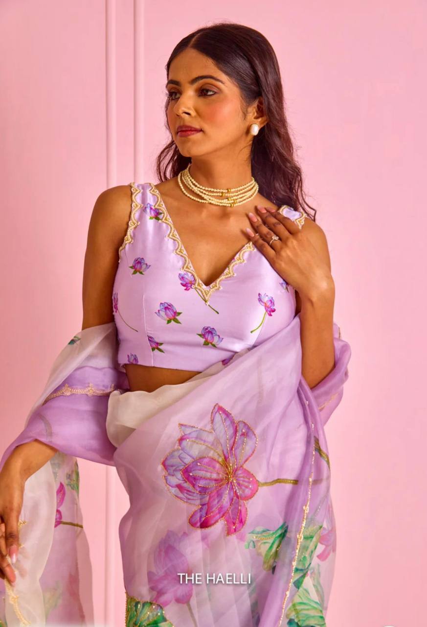 Lavender Tebi Silk Designer Saree with Floral Embroidered Blouse