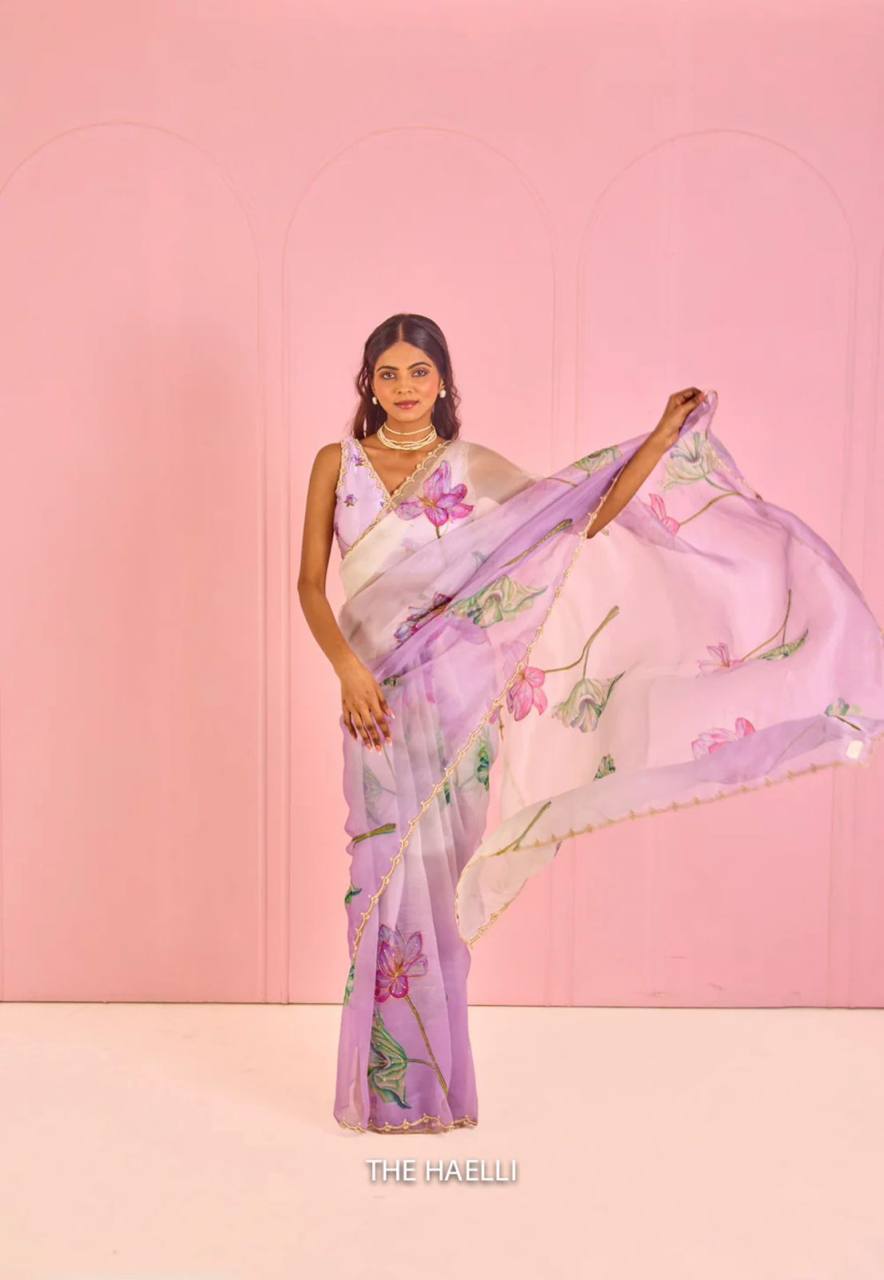 Lavender Tebi Silk Designer Saree with Floral Embroidered Blouse