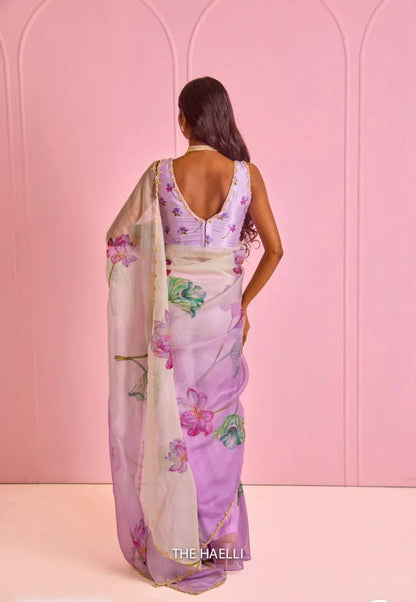 Lavender Tebi Silk Designer Saree with Floral Embroidered Blouse
