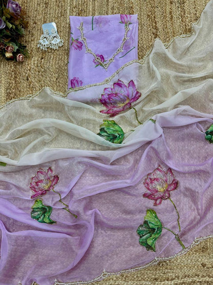 Lavender Tebi Silk Designer Saree with Floral Embroidered Blouse