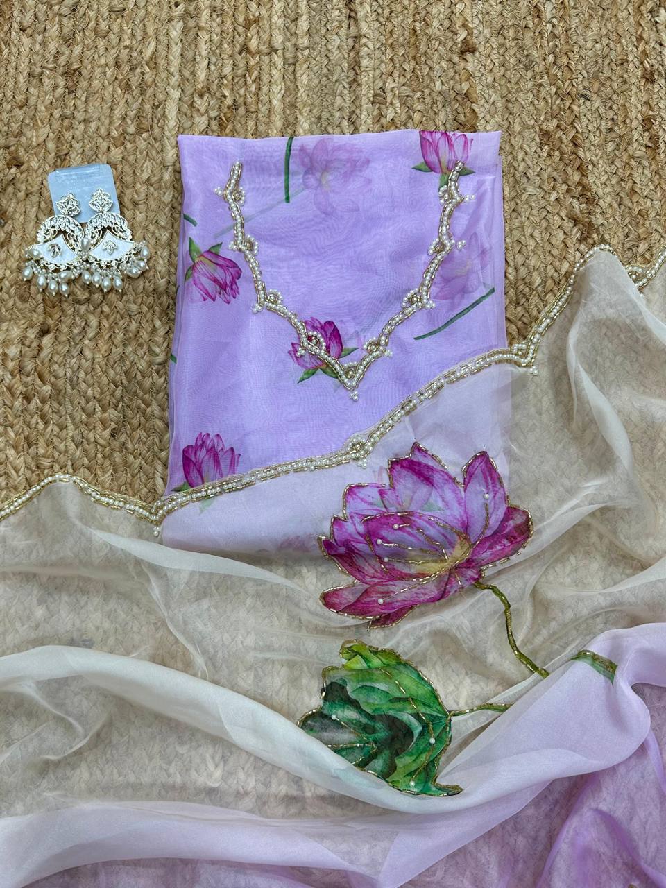 Lavender Tebi Silk Designer Saree with Floral Embroidered Blouse