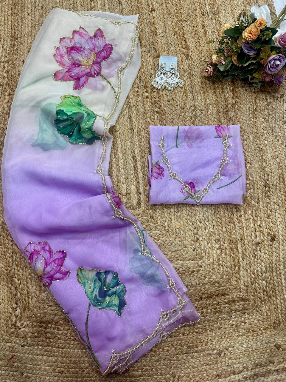 Lavender Tebi Silk Designer Saree with Floral Embroidered Blouse