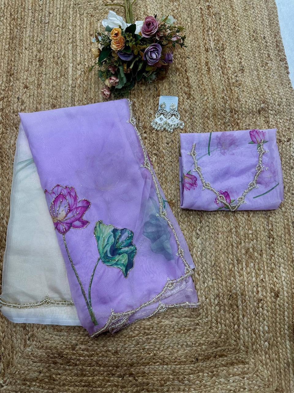 Lavender Tebi Silk Designer Saree with Floral Embroidered Blouse