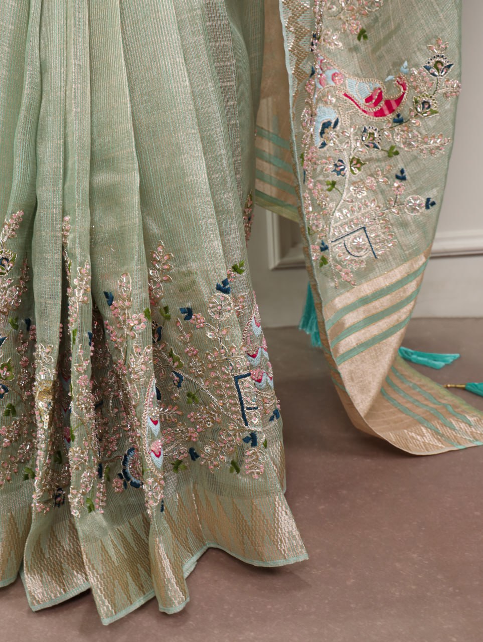 Light Green Zari Kota Tissue Embroidery Beads Zari Weaving Work With Saree